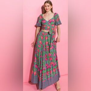 Flying Tomato Boho Floral Maxi Skirt & Crop Top Set Puff Sleeve M